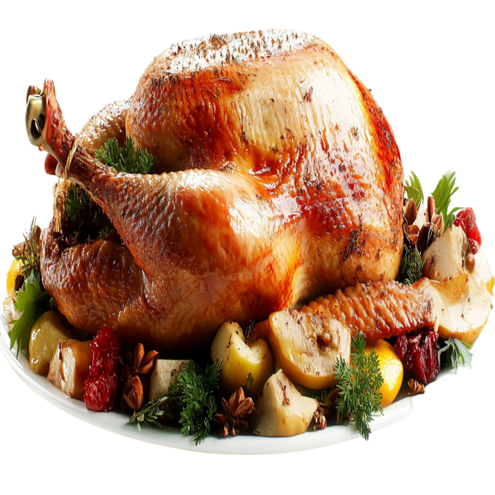 Delicious roasted turkey crispy golden skin served on a plate vegetables png