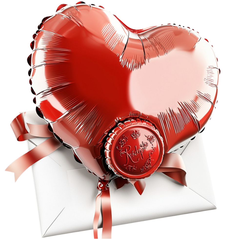 Shiny red heart balloon attached to a white envelope a romantic message png