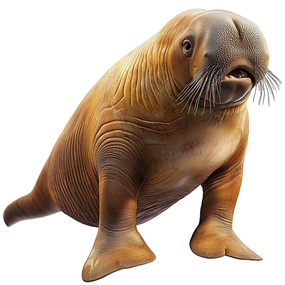 Large brown walrus resting on icy ground long whiskers sharp tusks png