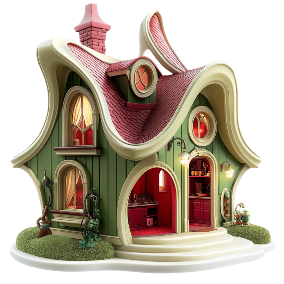 Whimsical fairytale house a curved red roof tiny glowing windows png
