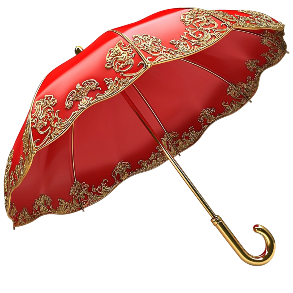 Fancy red umbrella golden embroidery a curved wooden hle for elegance png