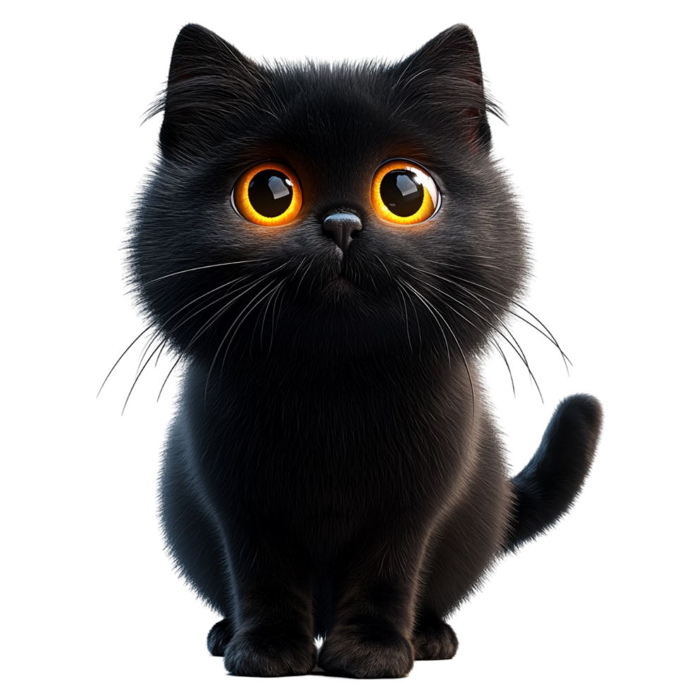 Cute black fluffy cat sitting calmly big round eyes perky ears png