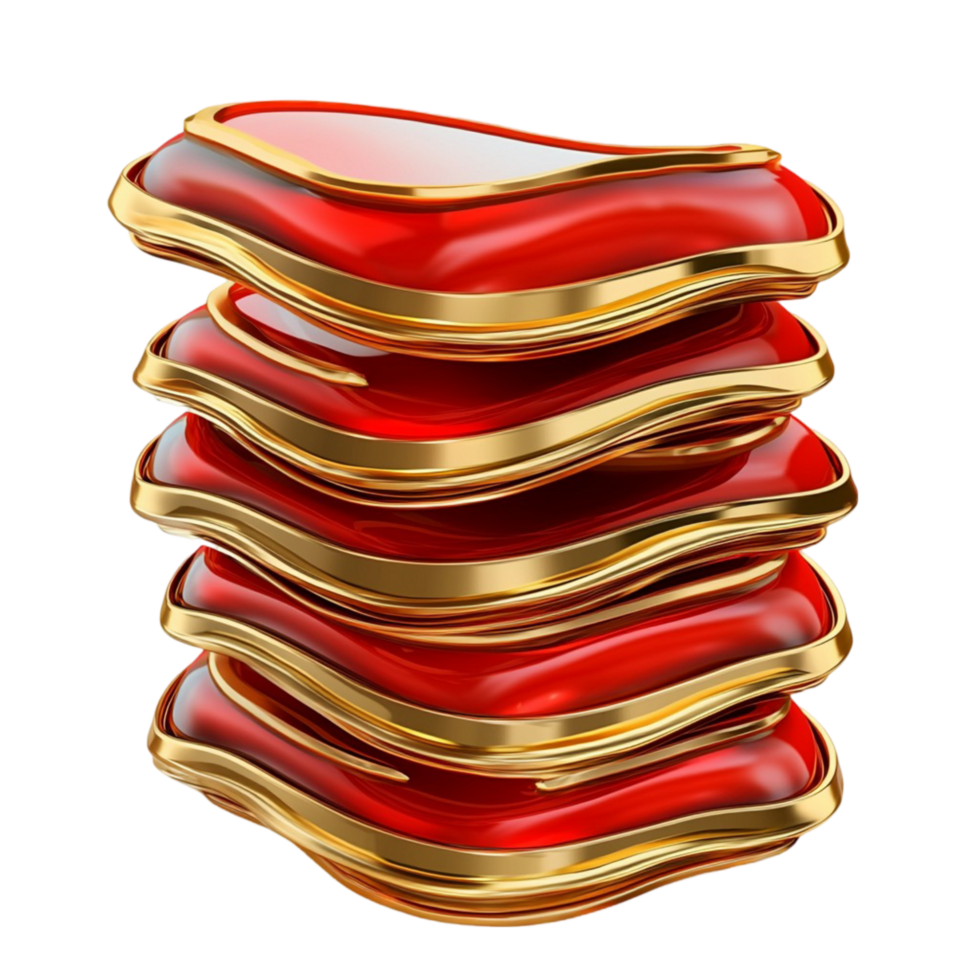 Stack of neatly arranged golden red plates intricate festive designs patterns png