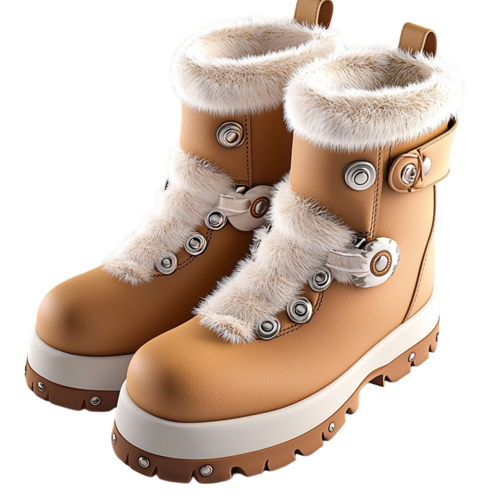 Warm brown winter boots soft white fur lining a sturdy thick sole png