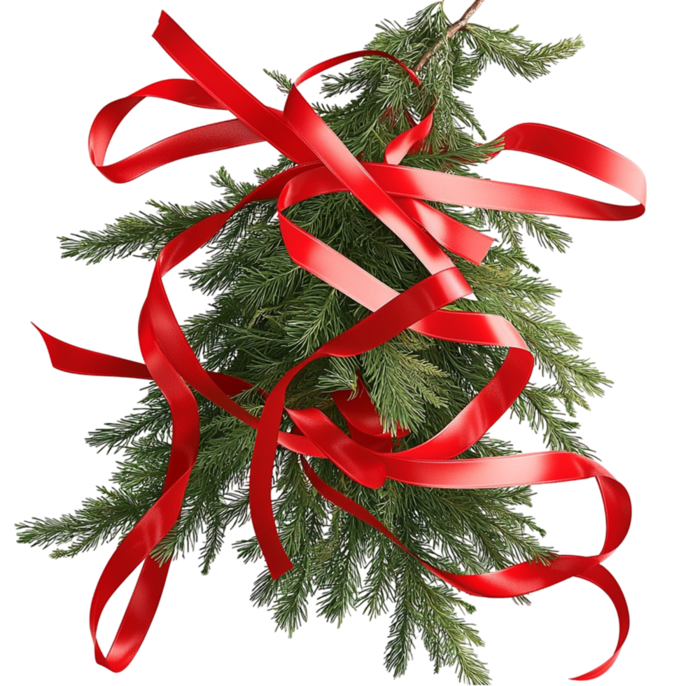 Fresh green pine tree decorated a large red ribbon bow tied elegantly png