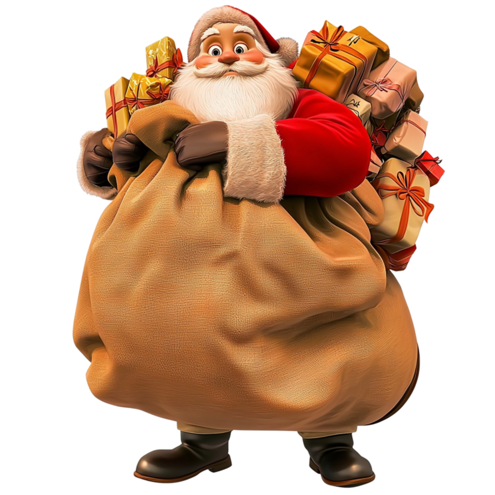 Santa Claus carrying a large brown sack filled beautifully wrapped Christmas presents png