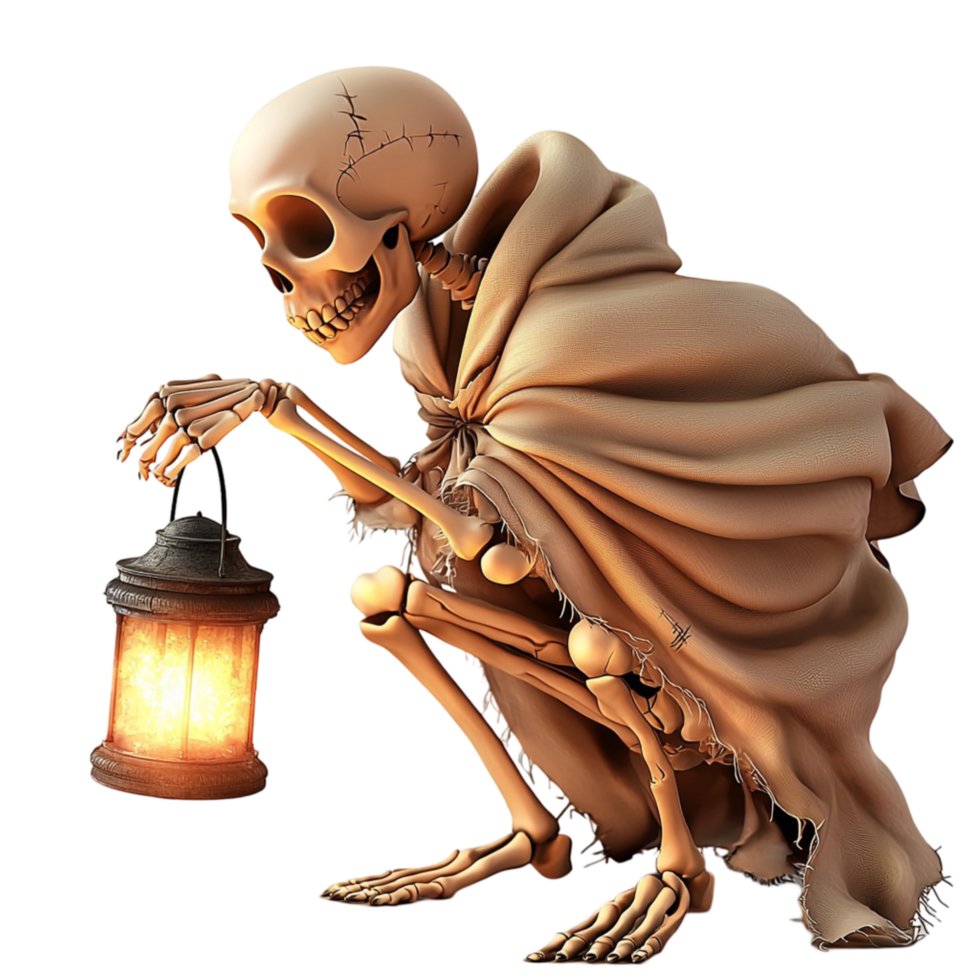 Small decorative skeleton figurine intricate details representing mystery history istic design png