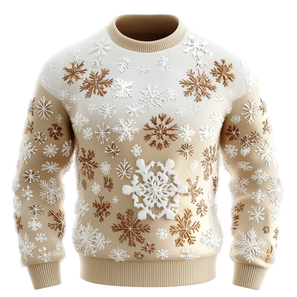 Cozy beige sweater intricate snowflake patterns representing warmth comfort winter fashion png