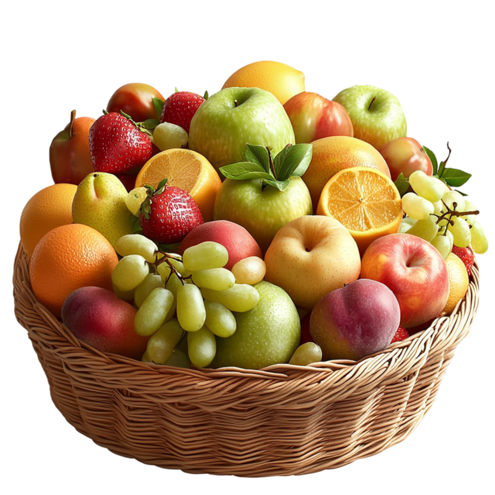 Large woven fruit basket fresh produce symbolizing abundance health natural goodness png