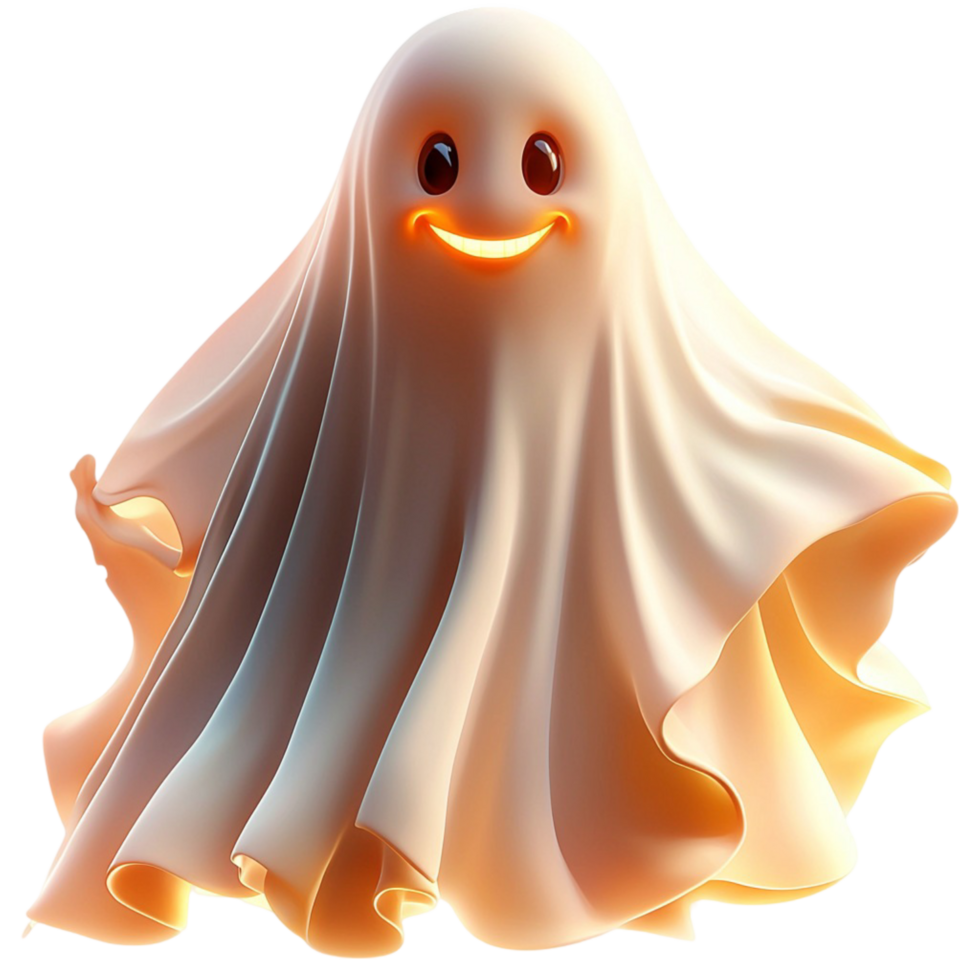 Happy floating ghost glowing eyes symbolizing Halloween fun playfulness spooky charm png