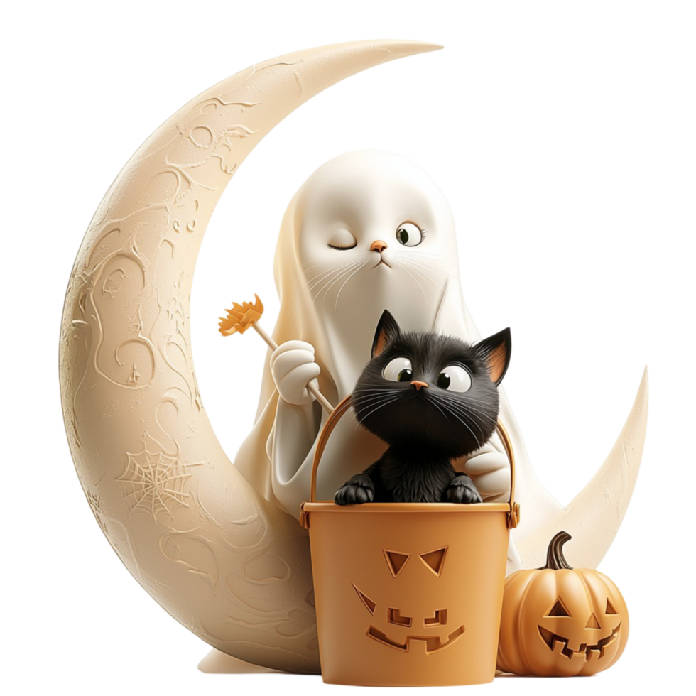 Crescent moon ghost cat symbolizing mystery Halloween nocturnal enchantment png