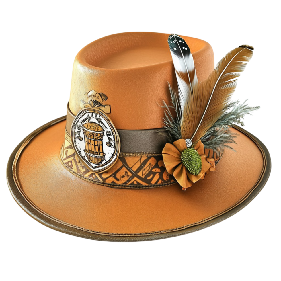 Stylish brown cowboy hat feather symbolizing adventure freedom western cultural heritage png