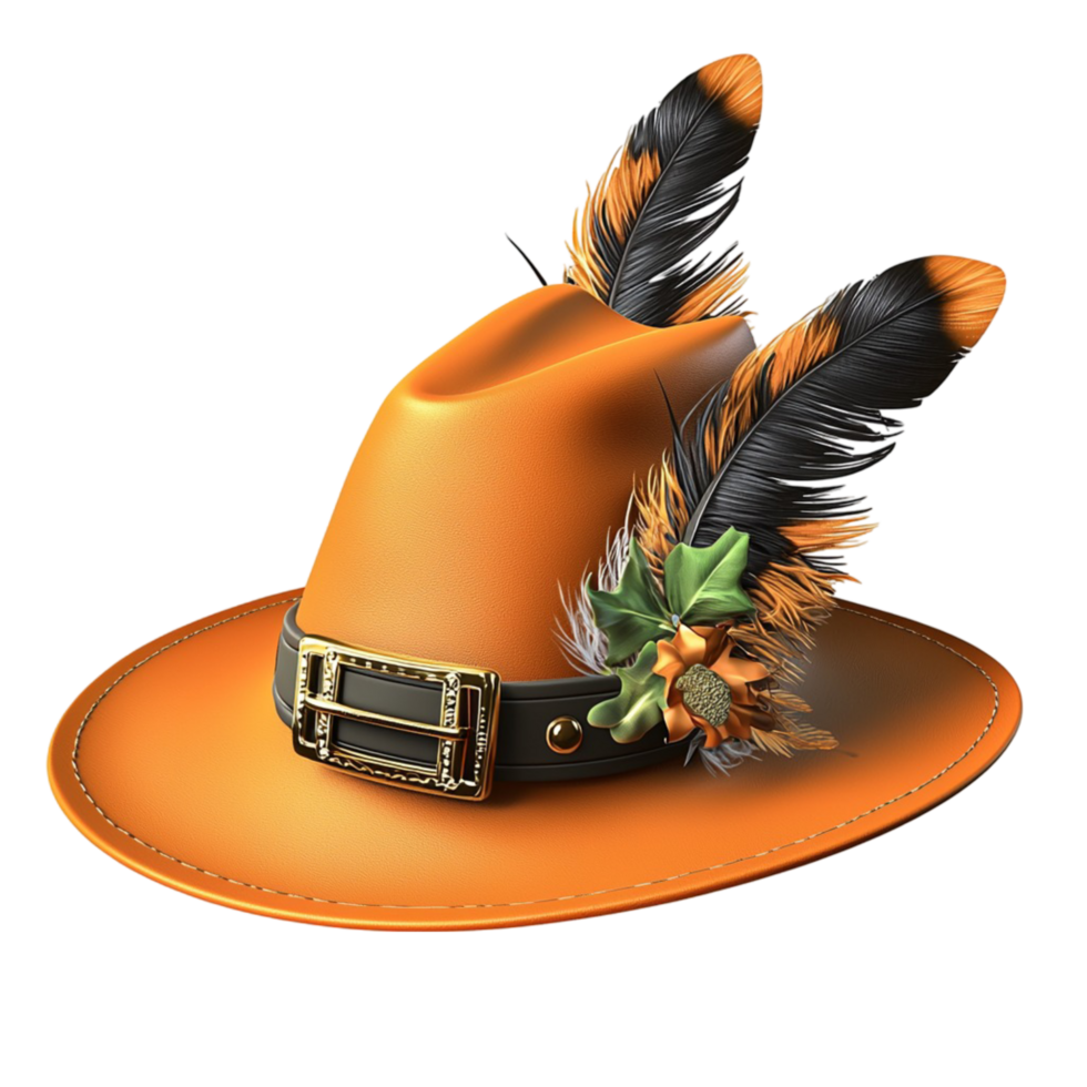 Stylish orange cowboy hat adorned black feathers beautiful detailed decorative stitching png