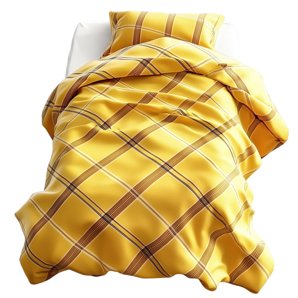 Cozy yellow blanket neatly folded on a bed soft plush warm texture png