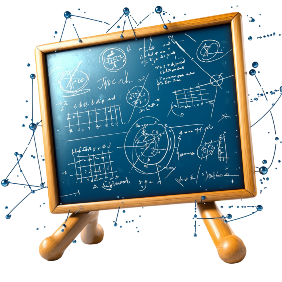 Futuristic chalkboard filled complex scientific equations glowing holo visual elements png