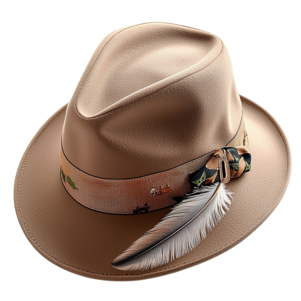 Stylish brown cowboy hat a decorative feather resting elegantly on a wooden rustic table png