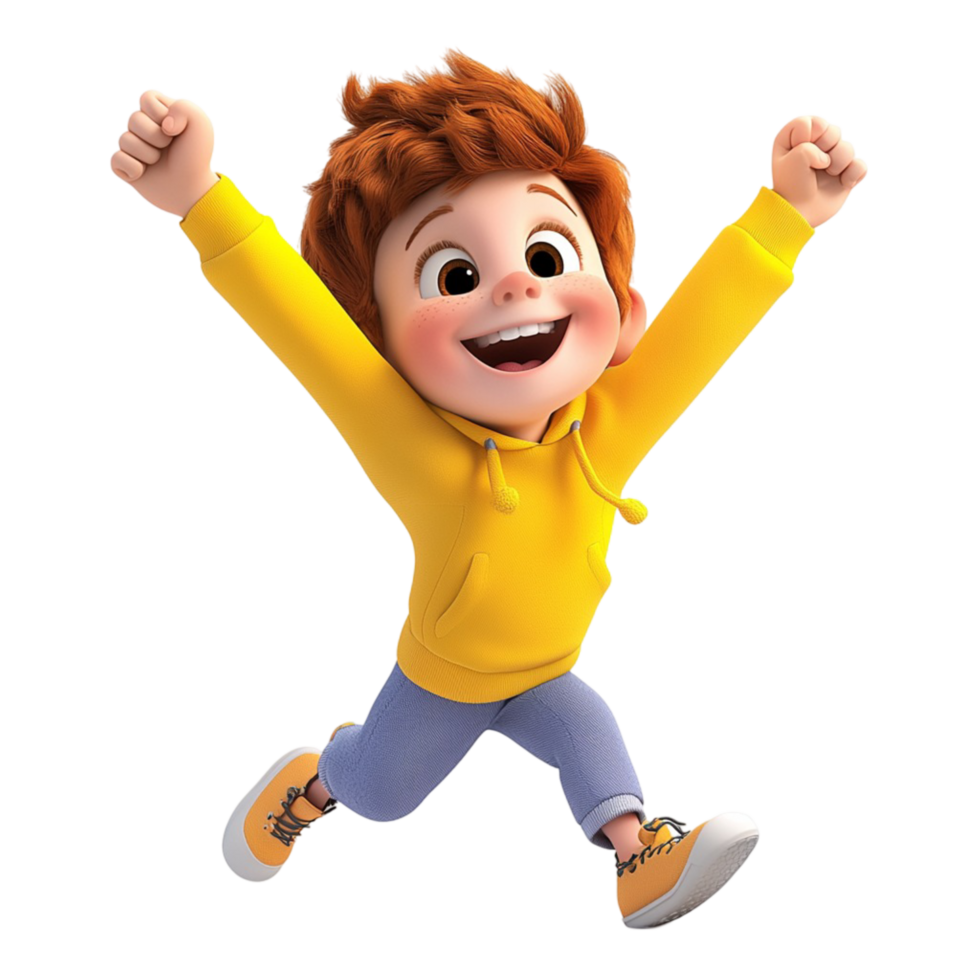 Happy young boy wearing a yellow sweater jumping joyfully arms raised in excitement happiness png