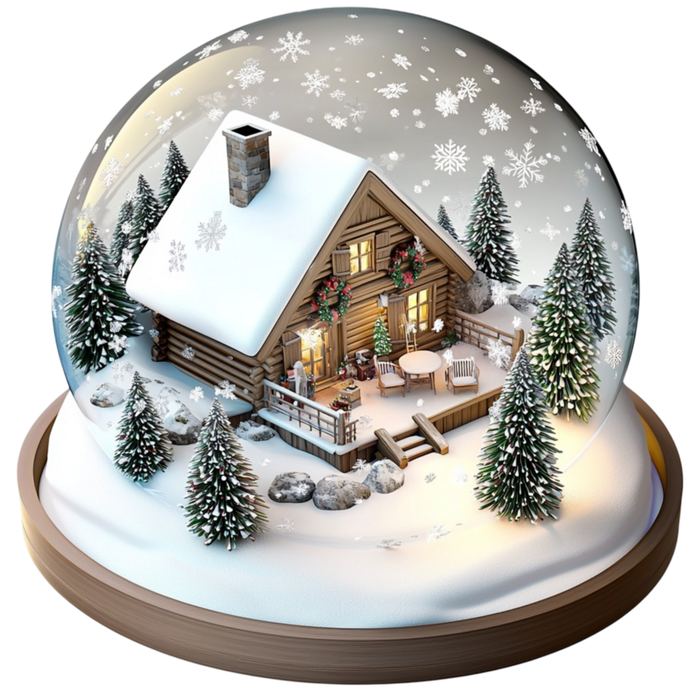 Winter snow globe featuring a cozy wooden house surrounded by pine trees covered in snow png