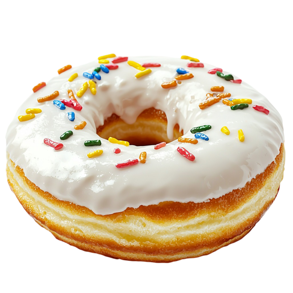Tasty white glazed donut rainbow sprinkles sitting deliciously on a wooden dessert serving plate png