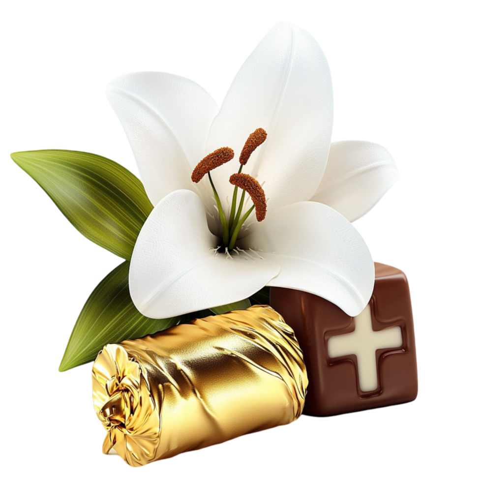 Elegant white lily flower resting on a small golden gift box creating a delicate floral arrangement png