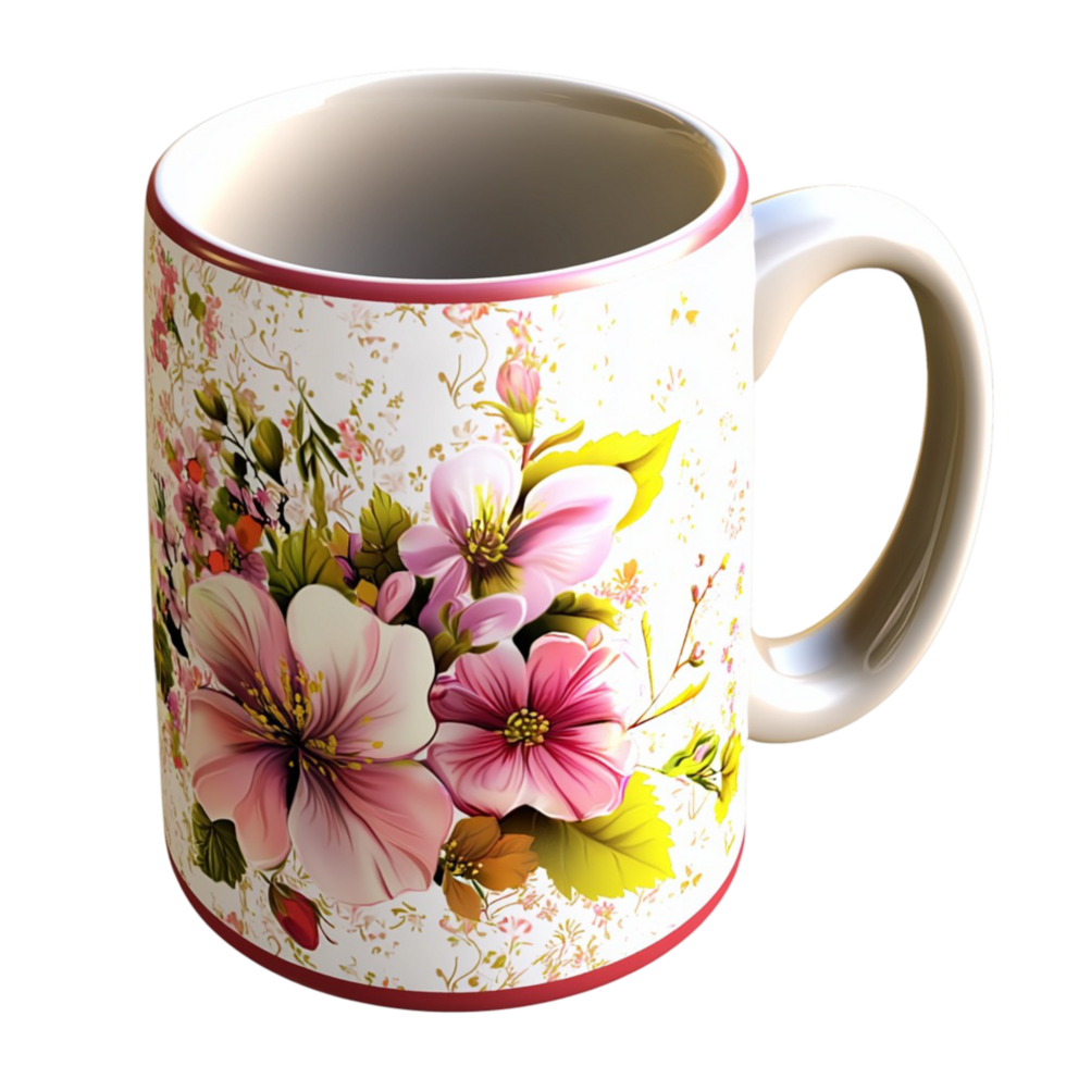 Beautiful floral coffee mug featuring intricate pink white blossoms adding a charming touch png