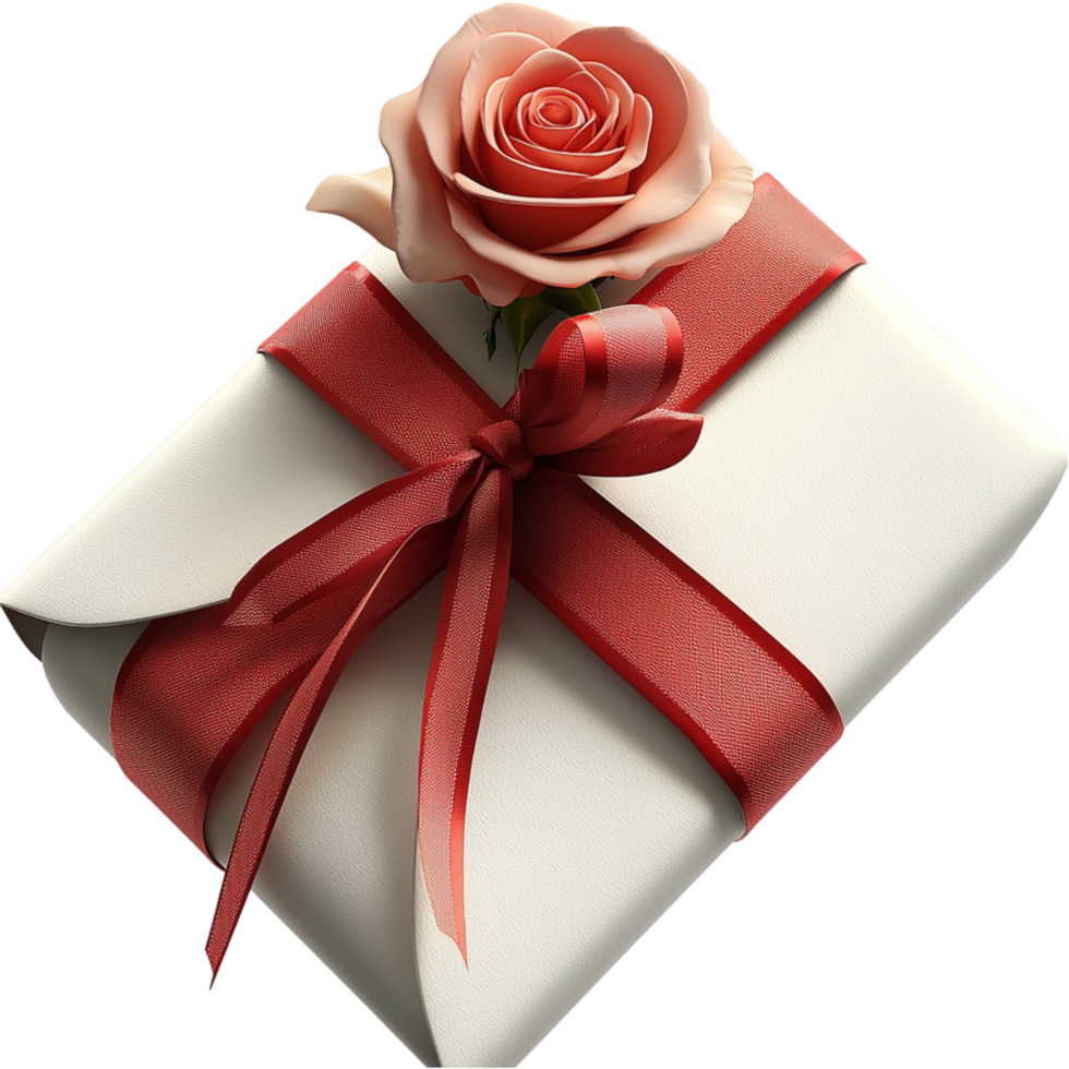 Romantic gift box wrapped in beautiful ribbon a delicate red rose placed elegantly on top png