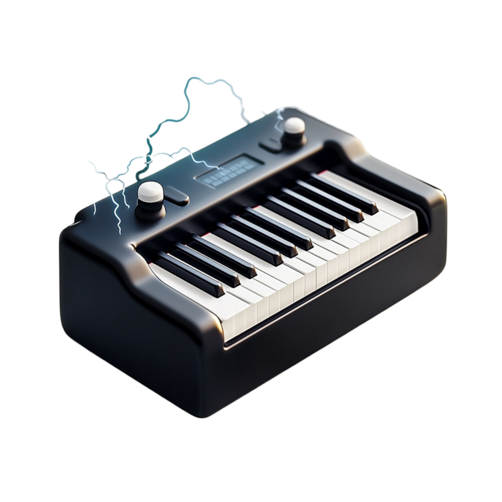 Small black keyboard synthesizer white keys and a blue wire png