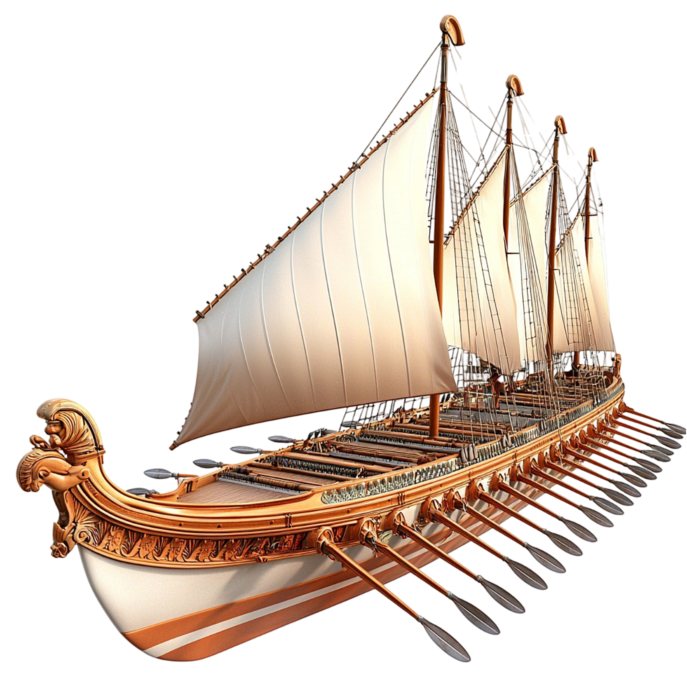 Vikingstyle wooden ship large sails and carved dragonhead at front png