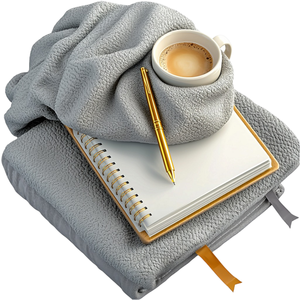 Cozy winter setting books warm tea a folded soft blanket png