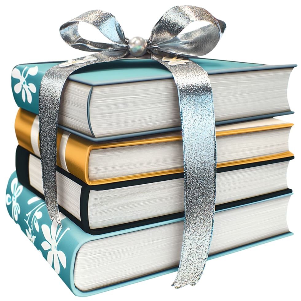 Elegant stack of books wrapped a silky blue ribbon bow png