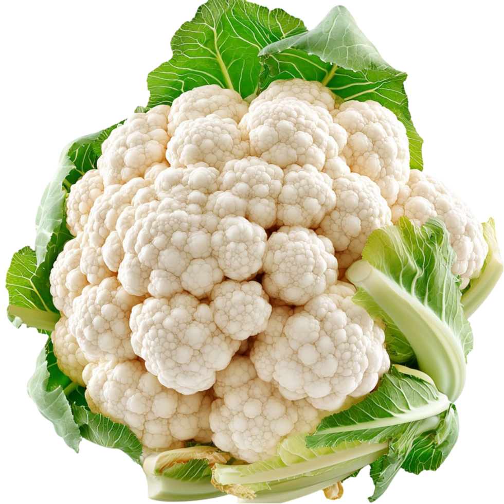 Fresh white cauliflower green leaves beautifully arranged on a clean png