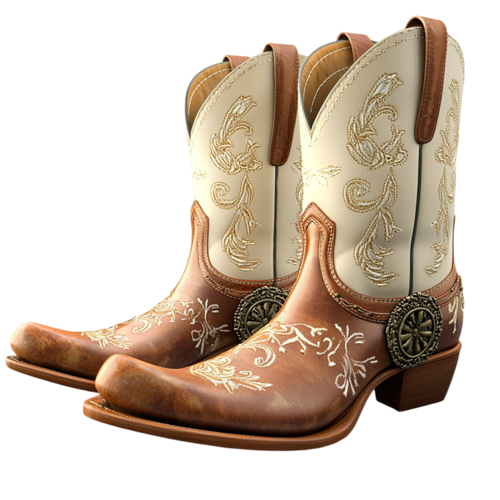 Stylish brown cowboy boots intricate embroidery a rugged leather texture designed for country fashion lovers png