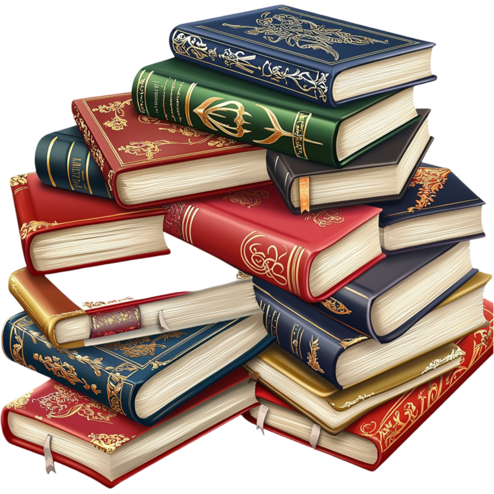 Stack of old new books arranged haphazardly showing colorful covers pages filled knowledge beautifully png