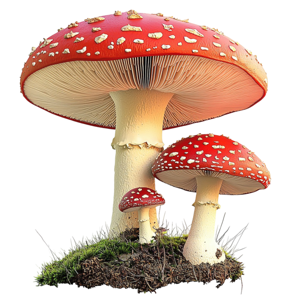 Two red white spotted mushrooms growing naturally together in a forest setting looking magical enchanting png