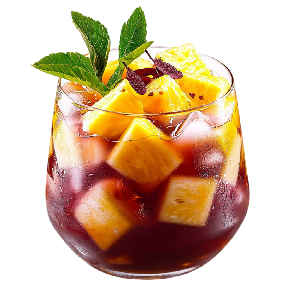 Refreshing fruity cocktail in a glass ice mango slices symbolizing summer vibrancy indulgence tropical bliss png