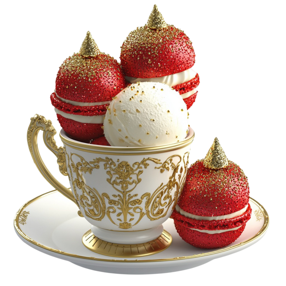 Elegant teacup golden floral patterns filled ice cream symbolizing indulgence sweetness luxury istic culinary creativity png