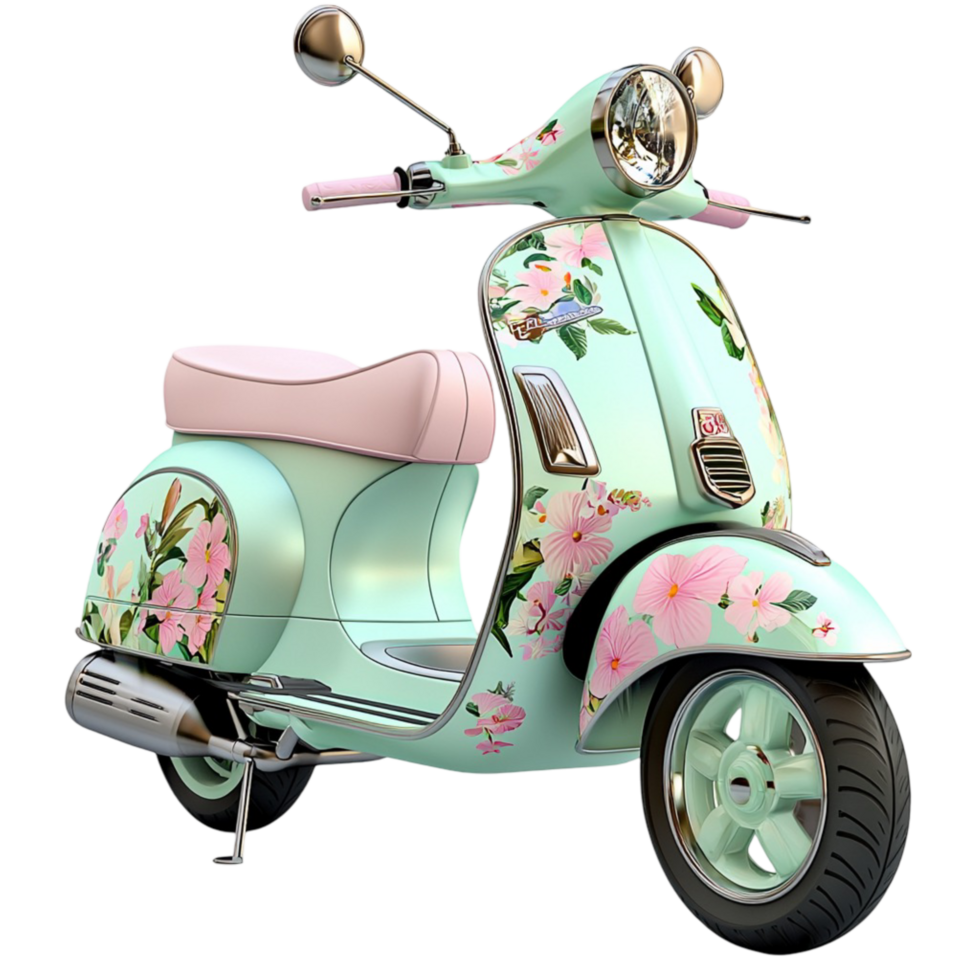 Classic mintgreen vintage scooter floral patterns sting elegantly symbolizing adventure nostalgia style retro charm png