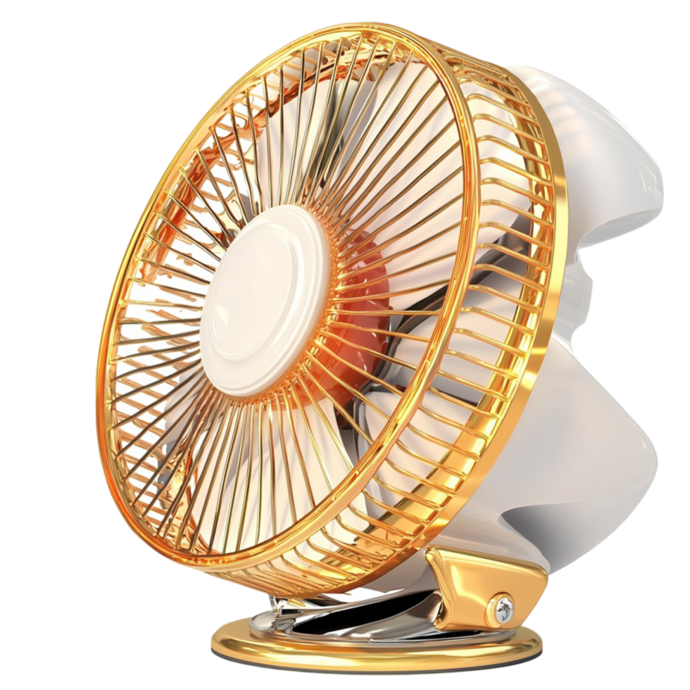 Classic electric table fan with golden accents symbolizing cooling freshness summer relief and essential household functionality png