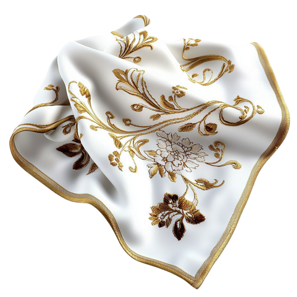Luxurious white and gold silk scarf draped elegantly symbolizing sophistication style comfort and the beauty of fine fabrics png