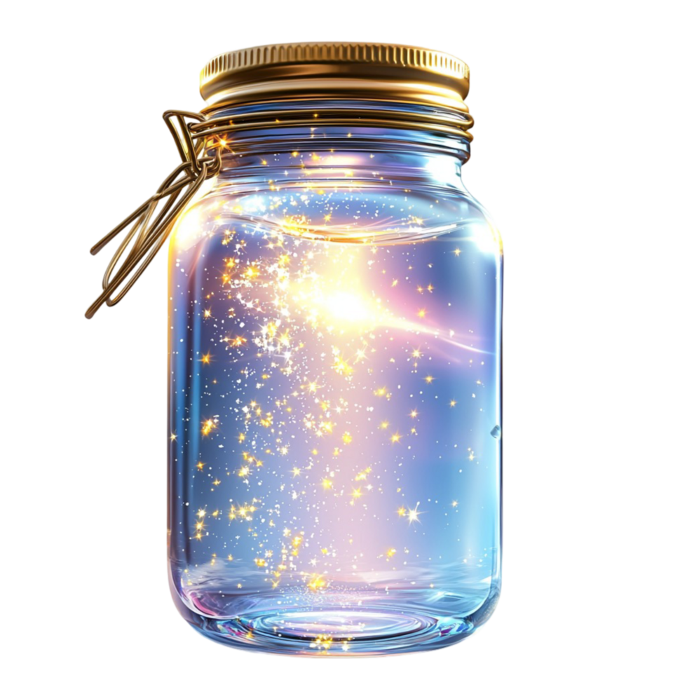 Glowing glass jar filled with colorful lights symbolizing magic wonder creativity and the enchanting glow of imagination png