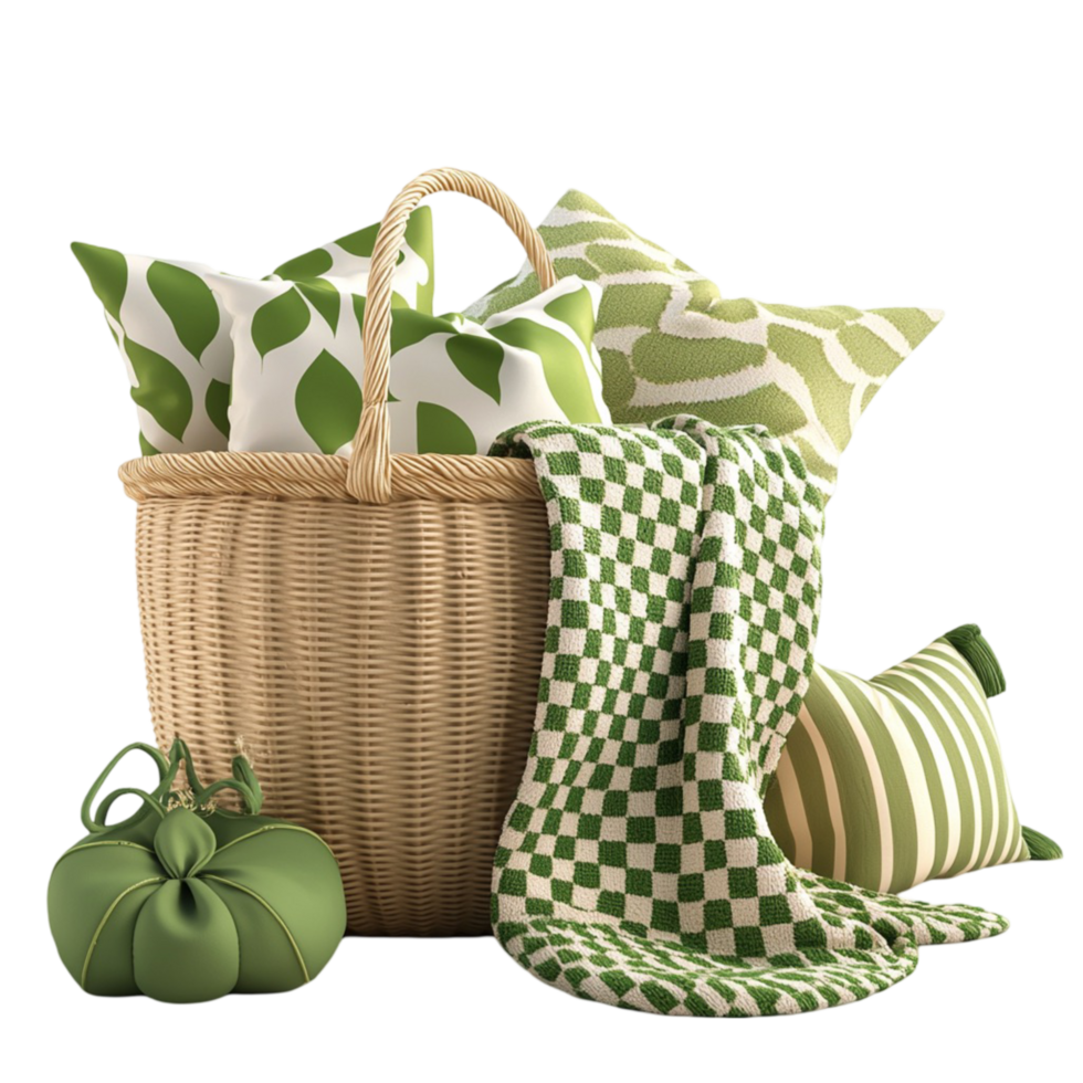 Cozy green home decor set pillows baskets symbolizing comfort warmth tranquility the charm of stylish interiors png