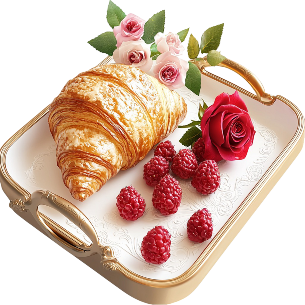 Delicious croissant berries cream on an elegant plate symbolizing indulgence breakfast elegance the charm of French cuisine png
