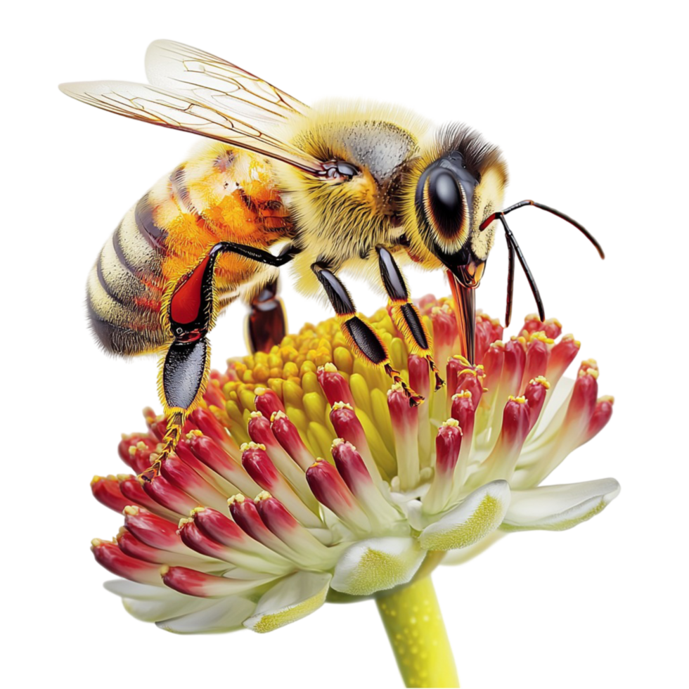 Detailed closeup of a honeybee on a vibrant flower symbolizing nature pollination sweetness the charm of buzzing life png