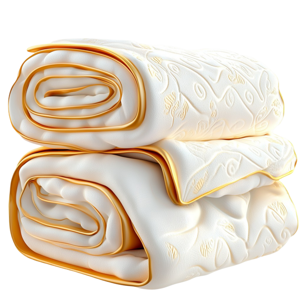 Soft white towels golden embroidery neatly folded for a touch of elegance in bathroom decor png