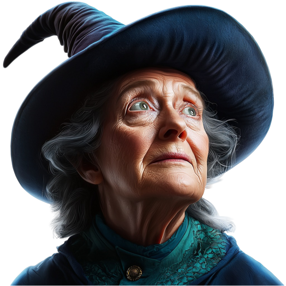 Wise old woman wearing a blue hat piercing eyes a mysterious magical aura around her png