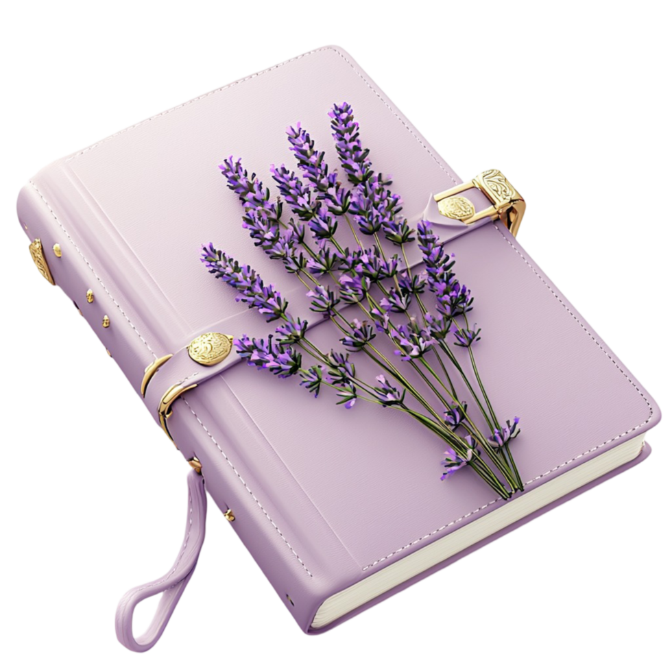 Elegant lavender bouquet placed on a pastel purple notebook tied ribbon creating a romantic aesthetic png