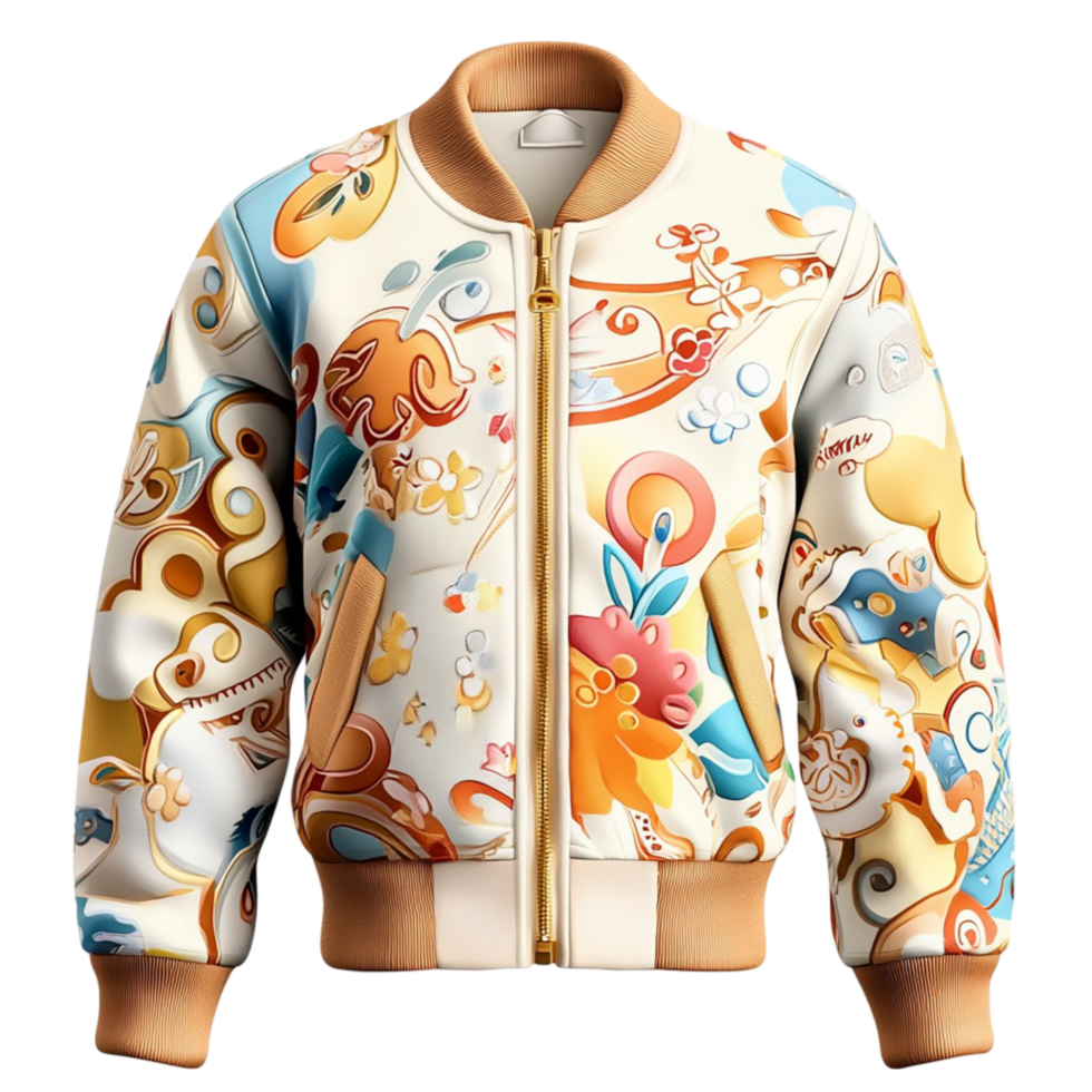 Stylish modern bomber jacket colorful pattern showcasing trendy fashion unique streetwear design aesthetics png