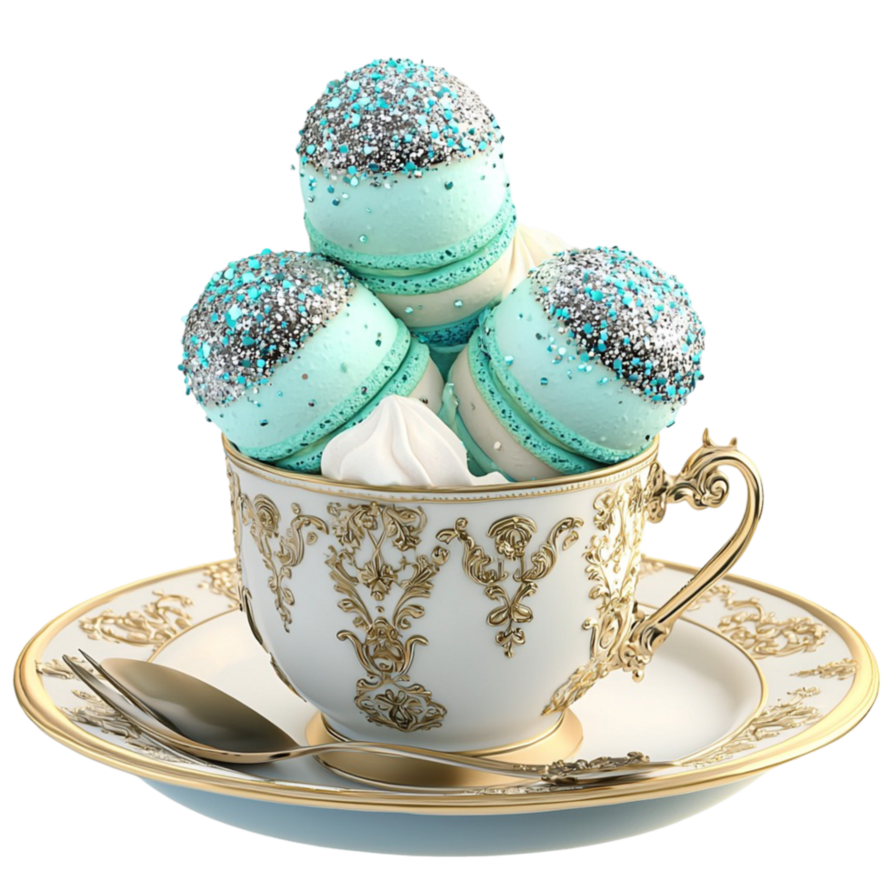 Elegant blue macarons placed inside a luxurious goldrimmed teacup showcasing a delightful dessert presentation png