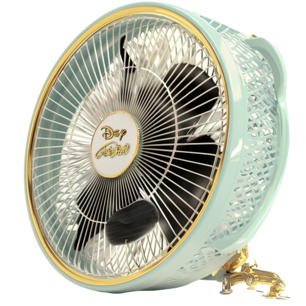 Stylish vintage electric fan metallic frame rotating blades creating a nostalgic home appliance classic png