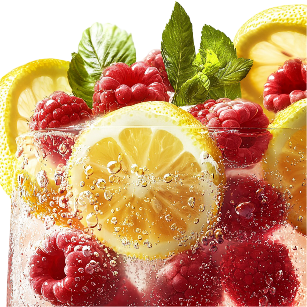 Refreshing citrus fruit drink lemon slices raspberries creating a delicious vibrant summer beverage png